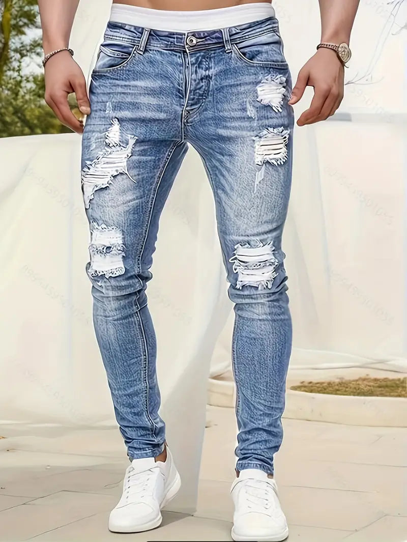 Men's Ripped Skinny Jeans Distressed Denim Dark Blue - VibreMode