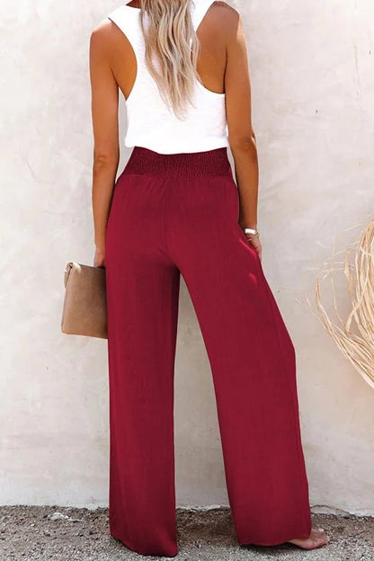 Women's Wide Leg High Waisted Pants Smocked Waist White