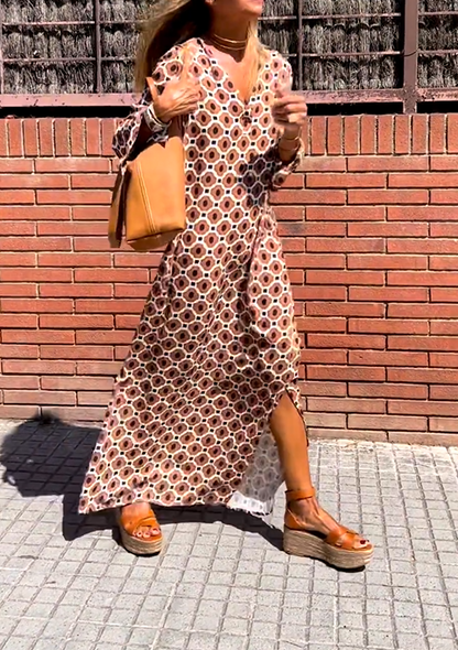 Trendy Abstract Print Side Slit Long Sleeve Dress