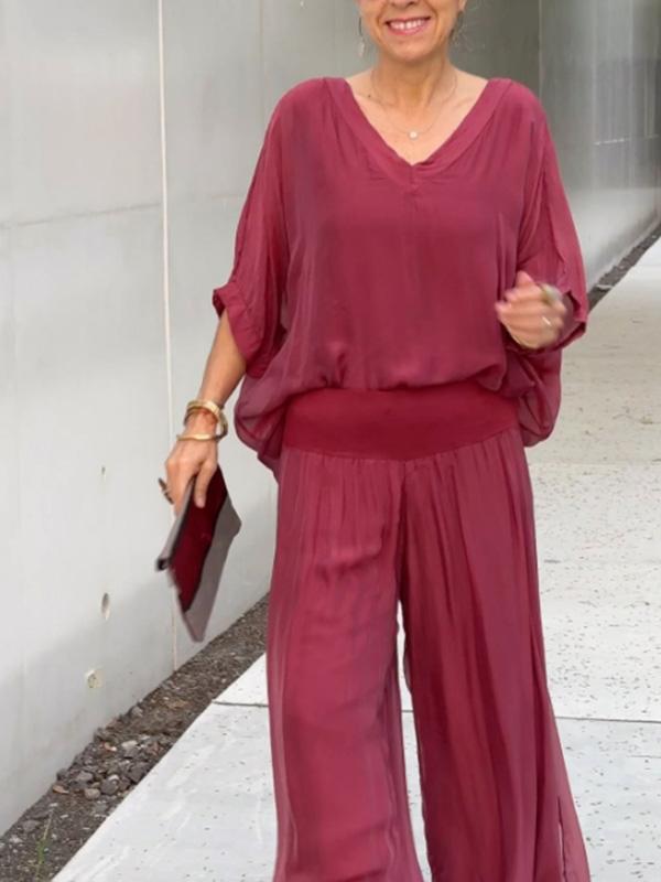 Green Women's V-Neck Flare Sleeve Loose Fit Jumpsuit Set