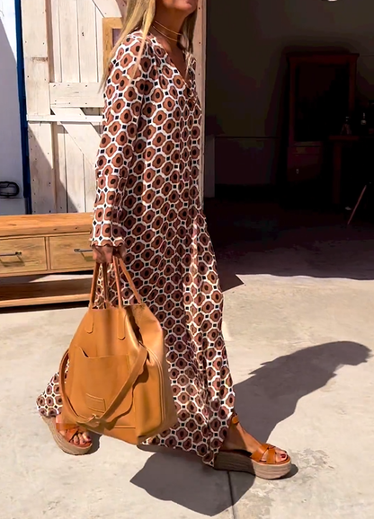Trendy Abstract Print Side Slit Long Sleeve Dress