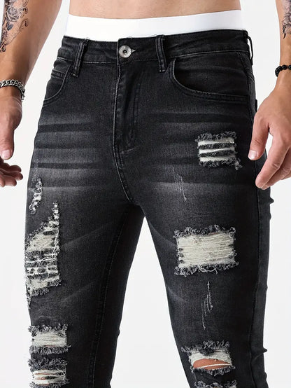 Men's Ripped Skinny Jeans Distressed Denim Dark Blue