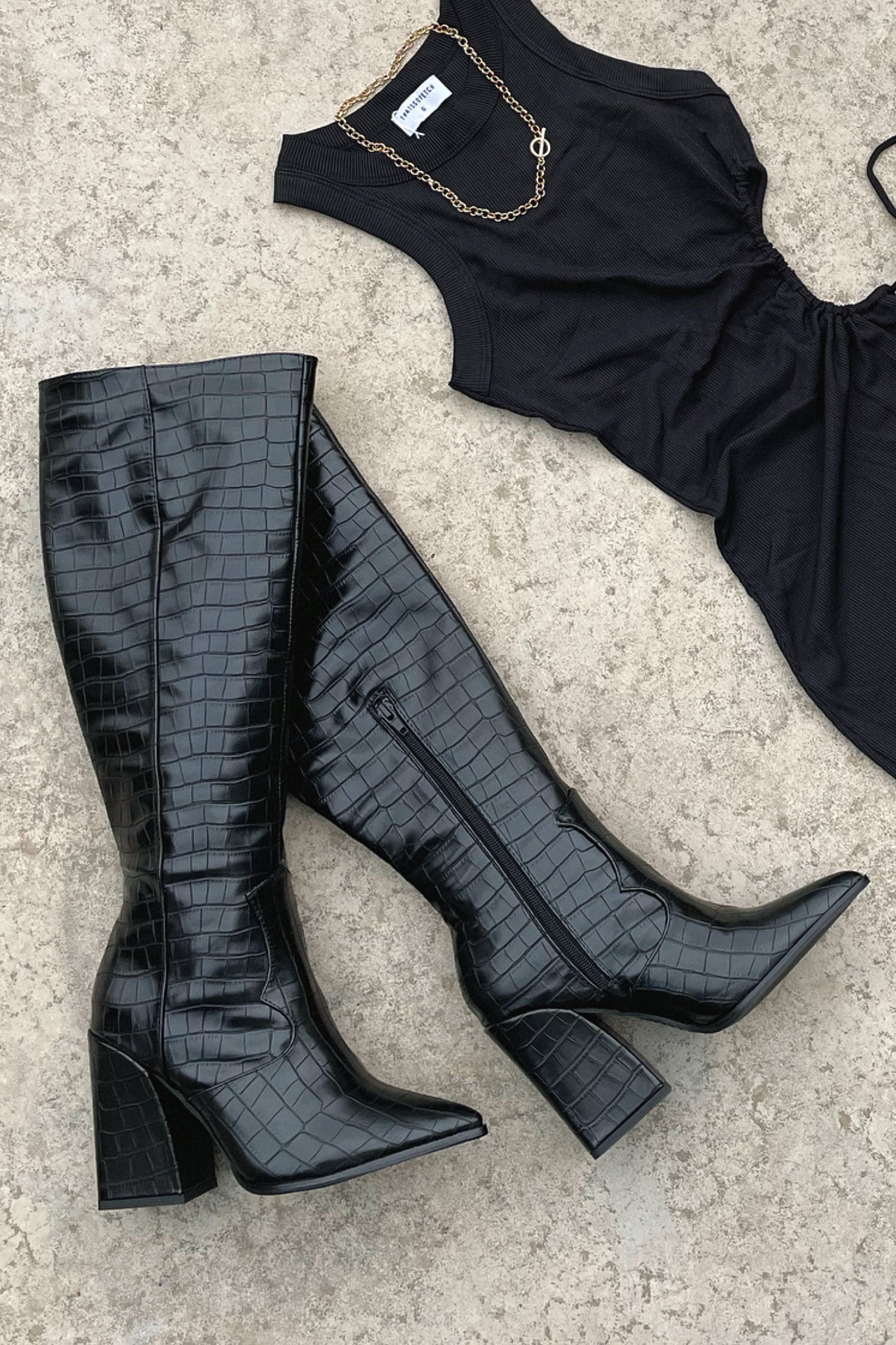 Women's Knee-High Boots Black Crocodile Leather