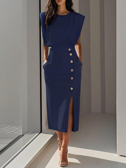 Elegant Ladies Cap Sleeveless Midi Dress