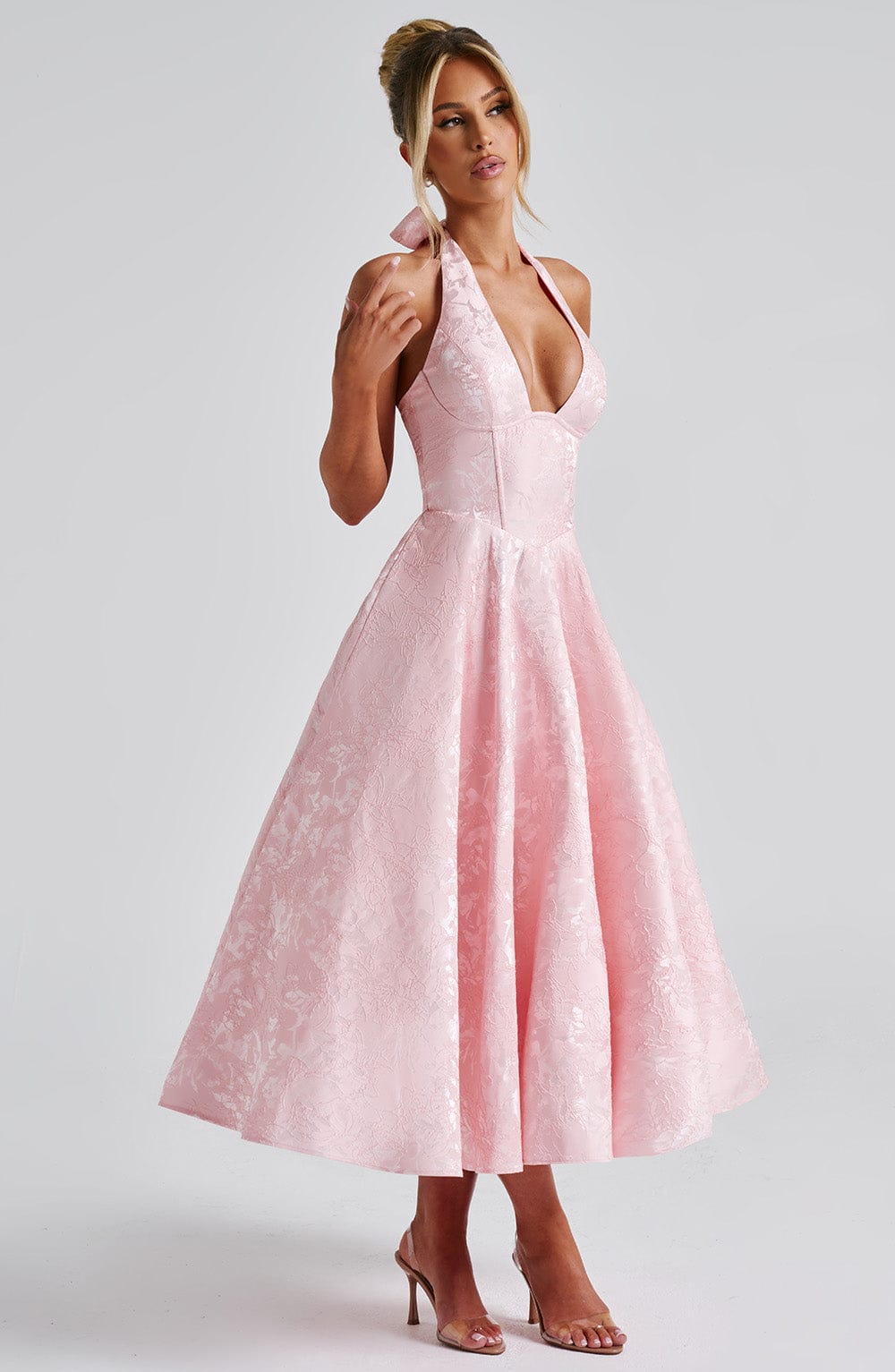 Women's V-Neck Midi Dress Jacquard Skirt
