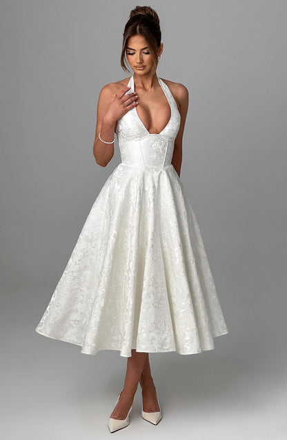 Women's V-Neck Midi Dress Jacquard Skirt