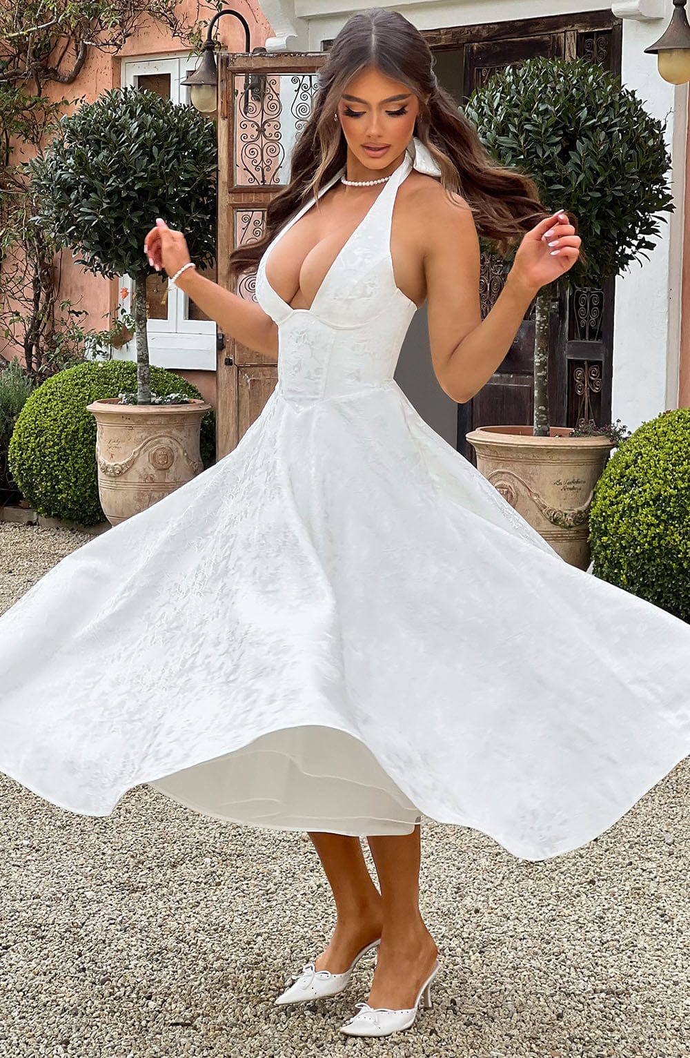 Women's V-Neck Midi Dress Jacquard Skirt