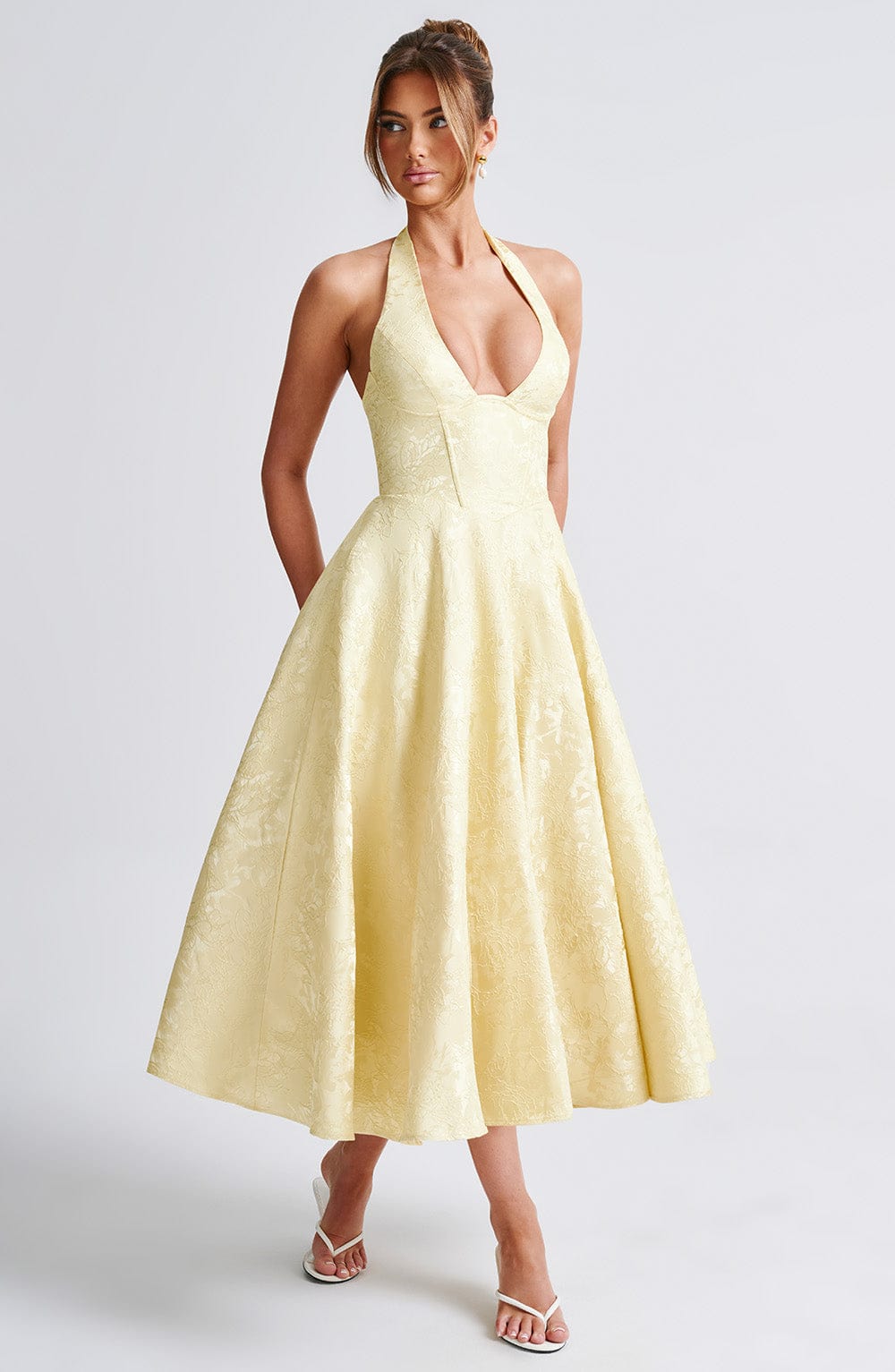 Women's V-Neck Midi Dress Jacquard Skirt