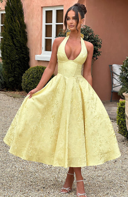 Women's V-Neck Midi Dress Jacquard Skirt - VibreMode