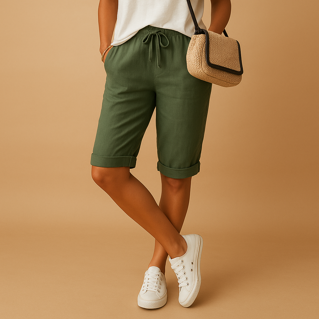 Elastic waist capri trousers for women with relaxed fit and rolled hem, perfect for casual summer outfits, daily wear, and comfortable warm-weather style.