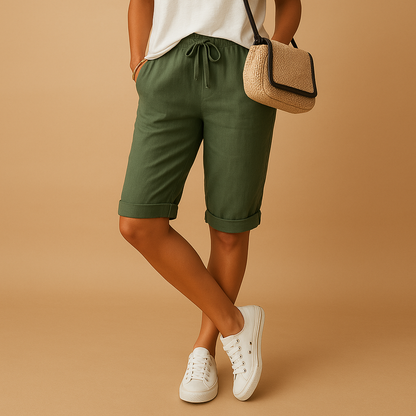 Elastic waist capri trousers for women with relaxed fit and rolled hem, perfect for casual summer outfits, daily wear, and comfortable warm-weather style.