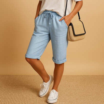 Elastic waist capri trousers for women with relaxed fit and rolled hem, perfect for casual summer outfits, daily wear, and comfortable warm-weather style.