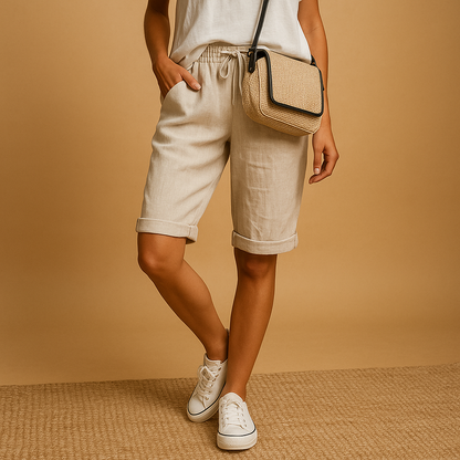 Elastic waist capri trousers for women with relaxed fit and rolled hem, perfect for casual summer outfits, daily wear, and comfortable warm-weather style.