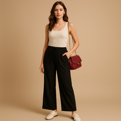 Elastic waist loose summer trousers for women with a relaxed comfortable fit, ideal for warm days, casual outfits, and versatile summer styling.
