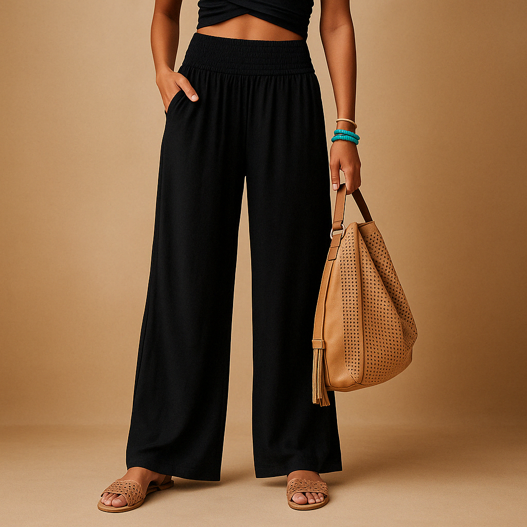 Women’s elastic waist summer trousers with straight legs and breathable design, perfect for warm weather outfits, casual outings, and relaxed summer style.