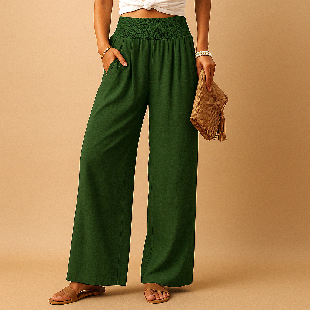 Women’s elastic waist summer trousers with straight legs and breathable design, perfect for warm weather outfits, casual outings, and relaxed summer style.