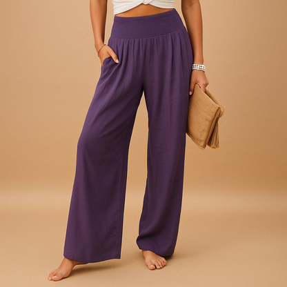 Women’s elastic waist summer trousers with straight legs and breathable design, perfect for warm weather outfits, casual outings, and relaxed summer style.