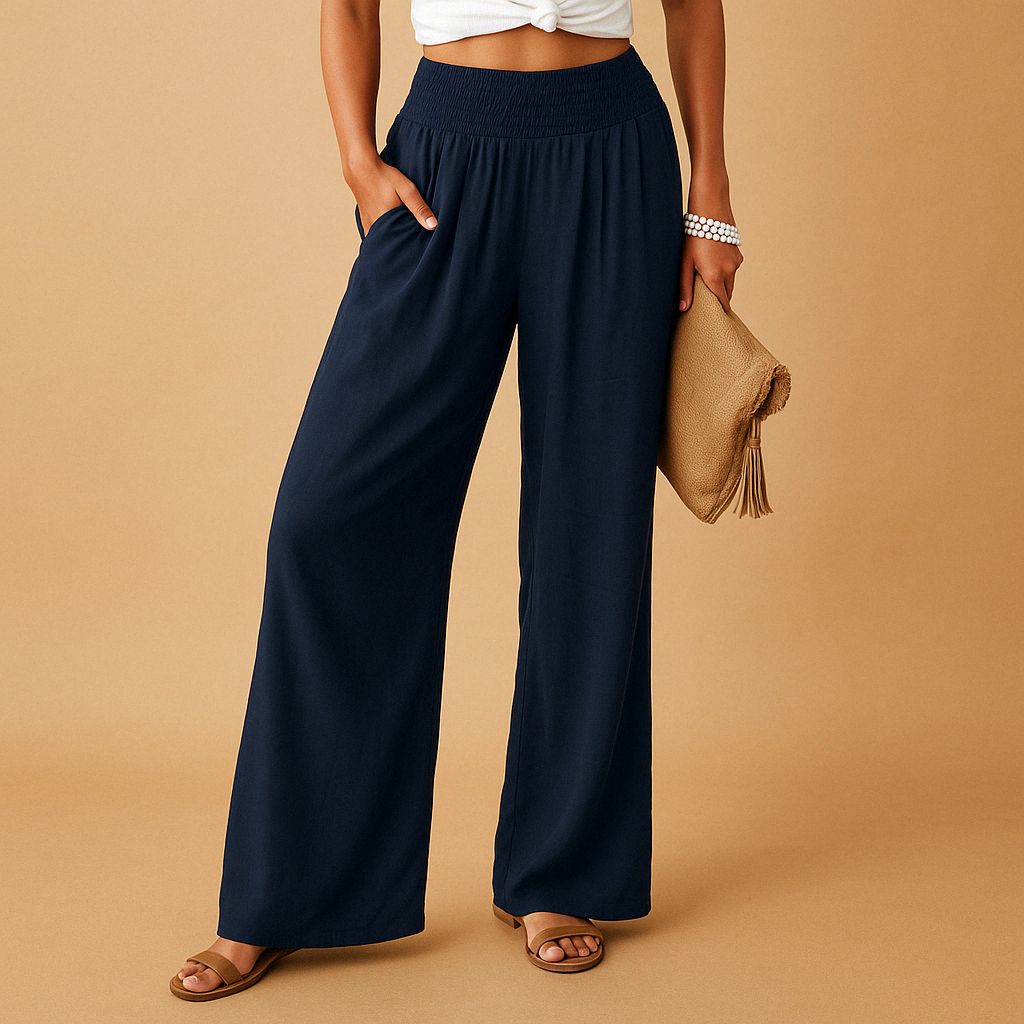 Women’s elastic waist summer trousers with straight legs and breathable design, perfect for warm weather outfits, casual outings, and relaxed summer style.