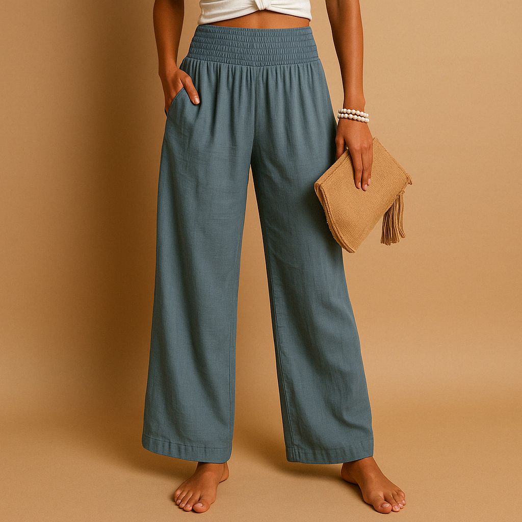 Women’s elastic waist summer trousers with straight legs and breathable design, perfect for warm weather outfits, casual outings, and relaxed summer style.