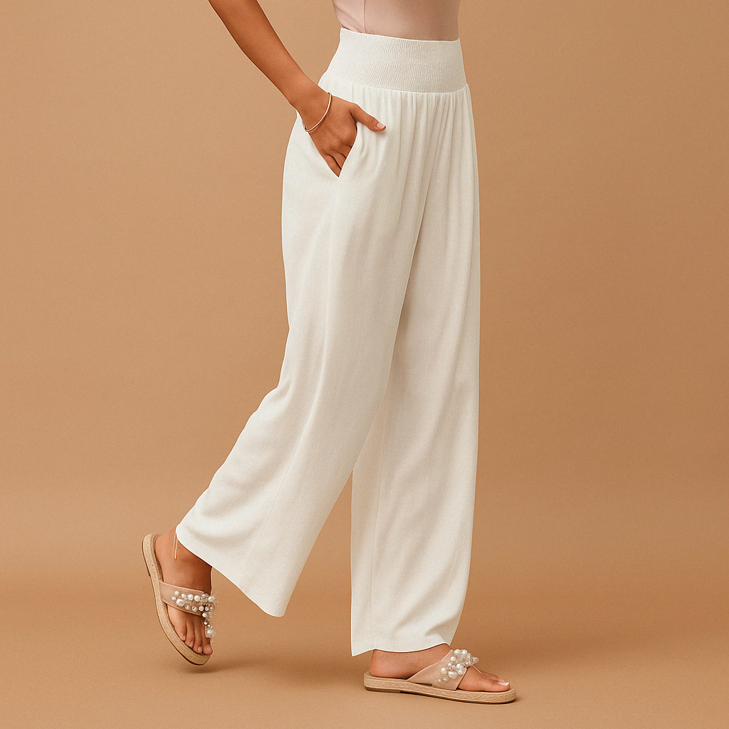 Women’s elastic waist summer trousers with straight legs and breathable design, perfect for warm weather outfits, casual outings, and relaxed summer style.