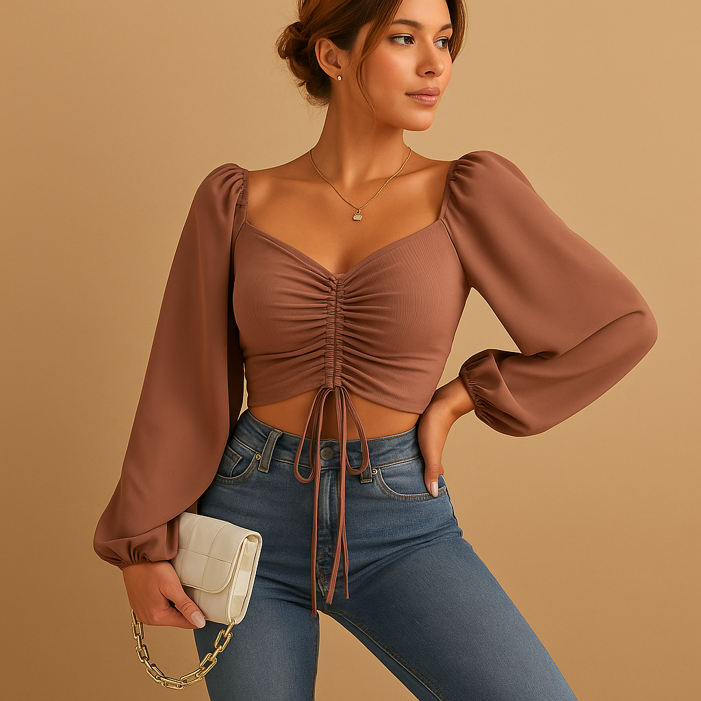 Elegant women’s blouse with a sweetheart neckline and fitted design, ideal for casual days or festive occasions.