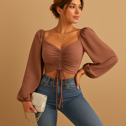 Elegant women’s blouse with a sweetheart neckline and fitted design, ideal for casual days or festive occasions.