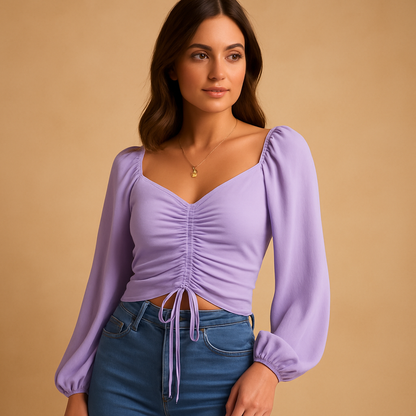 Elegant women’s blouse with a sweetheart neckline and fitted design, ideal for casual days or festive occasions.
