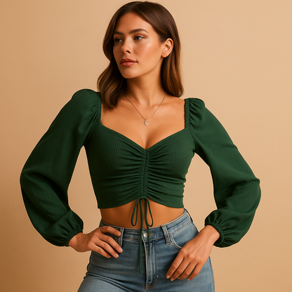 Elegant women’s blouse with a sweetheart neckline and fitted design, ideal for casual days or festive occasions.
