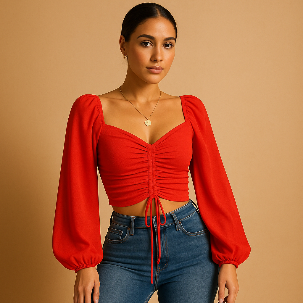 Elegant women’s blouse with a sweetheart neckline and fitted design, ideal for casual days or festive occasions.