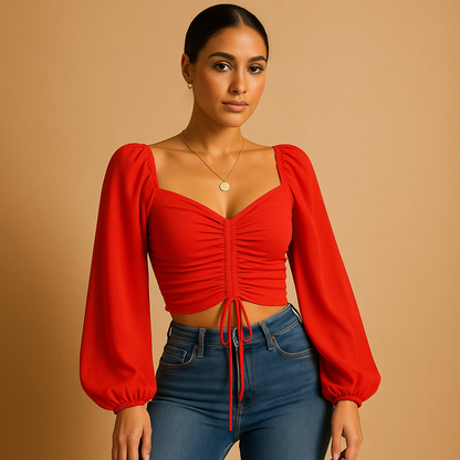 Elegant women’s blouse with a sweetheart neckline and fitted design, ideal for casual days or festive occasions.