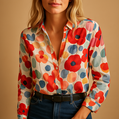 Floral spring blouse for women with a lightweight breathable feel and red flower pattern, suitable for casual outfits, office wear, and everyday use.