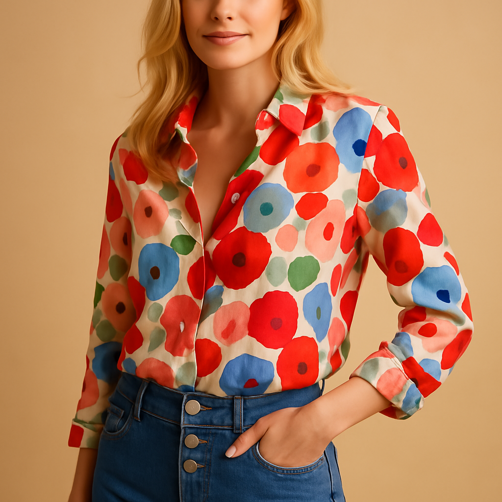 Floral spring blouse for women with a lightweight breathable feel and red flower pattern, suitable for casual outfits, office wear, and everyday use.