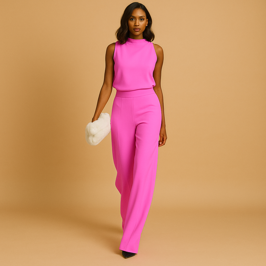 Woman wearing an elegant halter jumpsuit with a high waist, wide legs, and decorative bow, perfect for parties, dinners, and evening outings.
