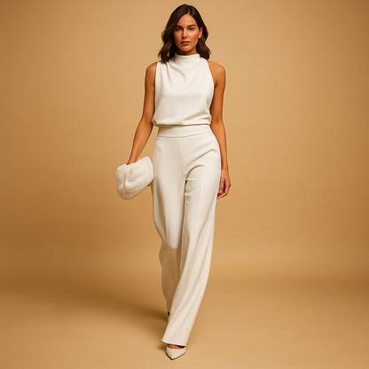 Woman wearing an elegant halter jumpsuit with a high waist, wide legs, and decorative bow, perfect for parties, dinners, and evening outings.