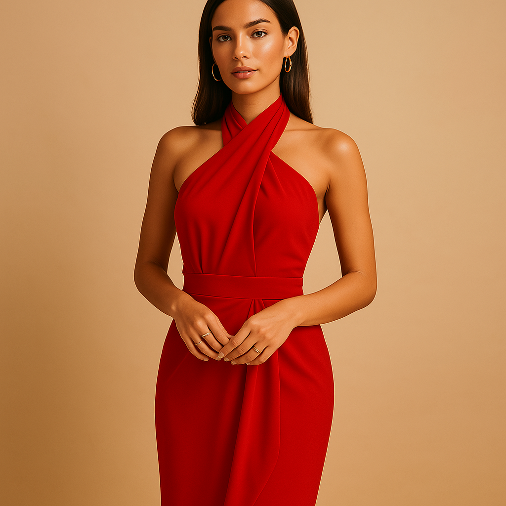 Elegant halter neck dress for women with a slim flattering silhouette, perfect for dinners, nights out, and formal occasions.