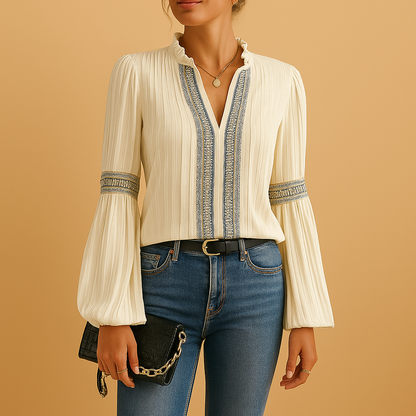 Women’s elegant lace blouse with lantern sleeves and a loose fit, suitable for work, casual days, and evening occasions.