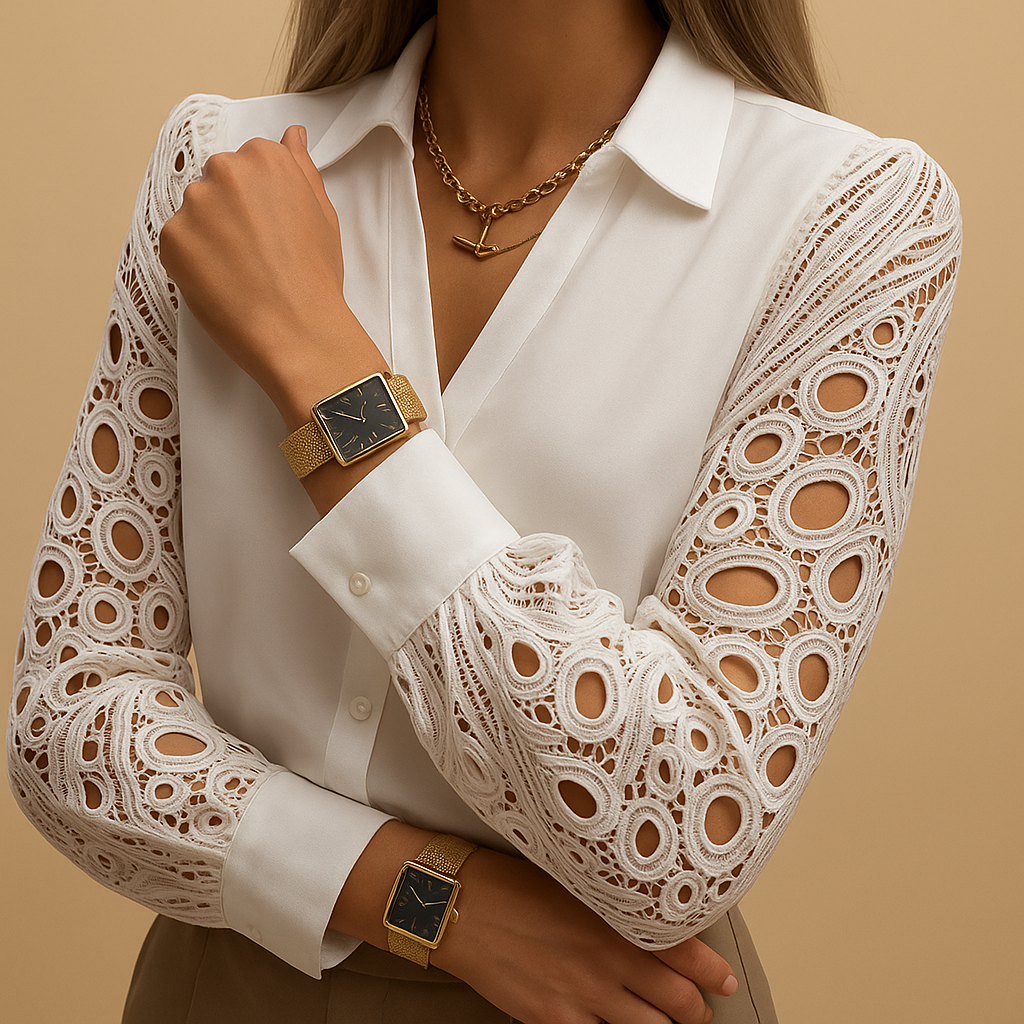 Women’s elegant lace blouse with sheer sleeves, classic collar, and button closure, suitable for work, formal occasions, and evening wear.