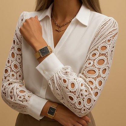 Women’s elegant lace blouse with sheer sleeves, classic collar, and button closure, suitable for work, formal occasions, and evening wear.