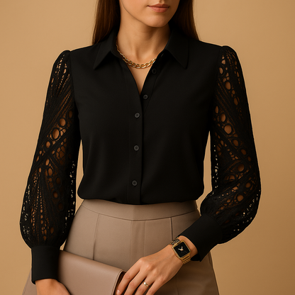 Women’s elegant lace blouse with sheer sleeves, classic collar, and button closure, suitable for work, formal occasions, and evening wear.