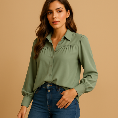 Women’s elegant lantern-sleeve blouse with a shirt collar, buttons, and gathered sleeves, ideal for work and everyday wear.