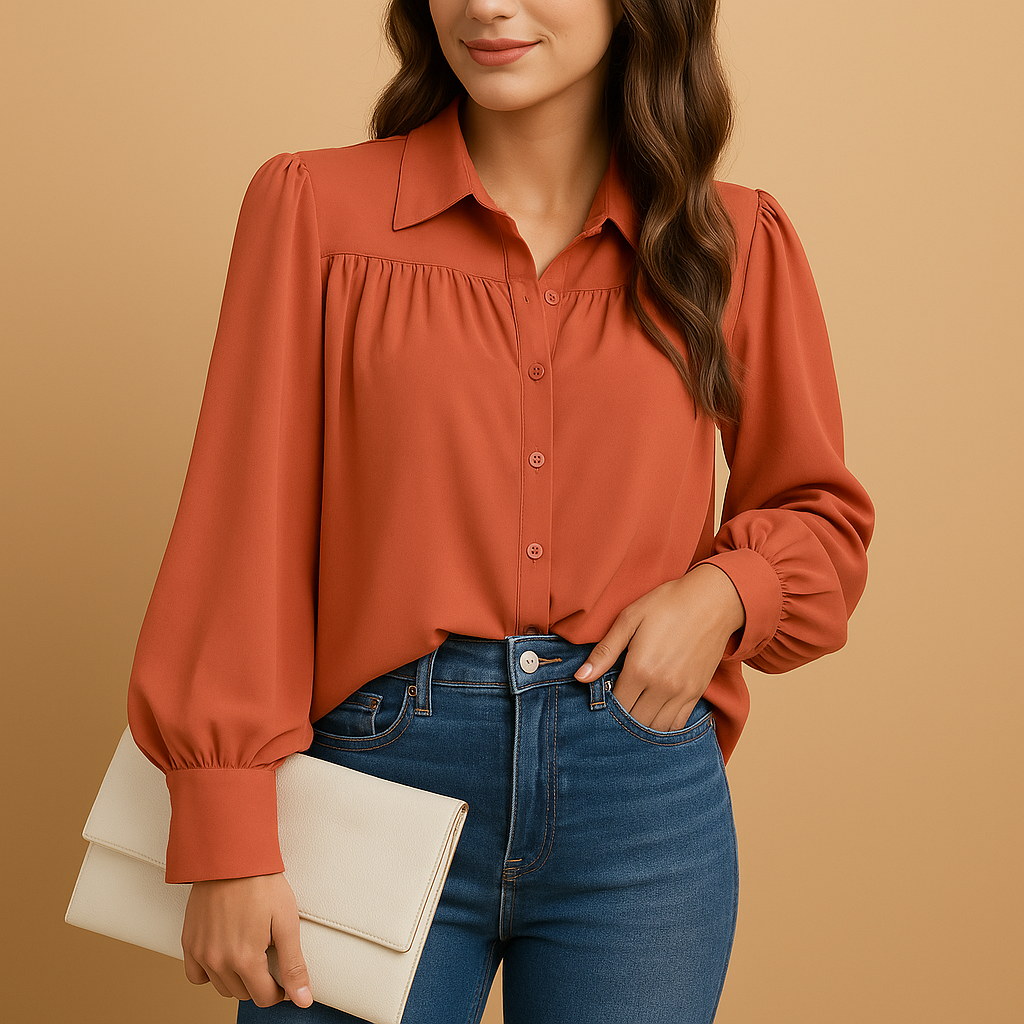 Women’s elegant lantern sleeve blouse with a solid design and comfortable fit, suitable for work, casual outfits, and everyday wear.