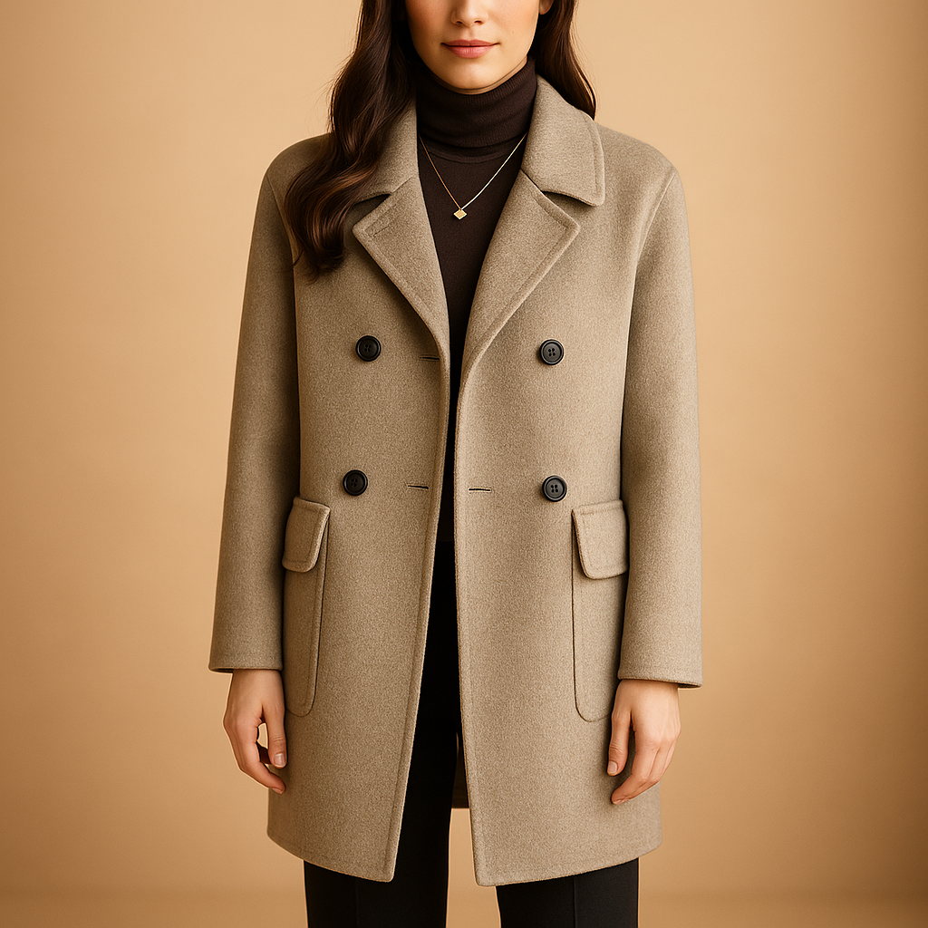 Elegant long coat for women with a feminine silhouette, minimalist solid design, and timeless colors suitable for spring, autumn, and winter.