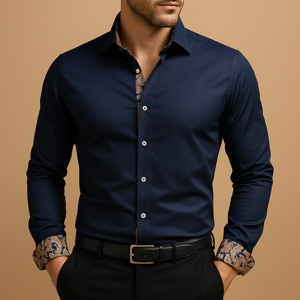 Elegant long sleeve dress shirt for men with a refined fit and classic design, ideal for formal occasions, evening dinners, and smart casual outfits.