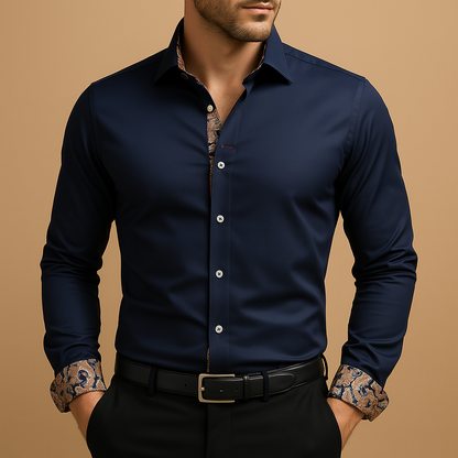 Elegant long sleeve dress shirt for men with a refined fit and classic design, ideal for formal occasions, evening dinners, and smart casual outfits.