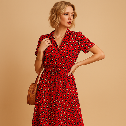 Women’s elegant midi dress with short sleeves and flattering fit, perfect for office wear, formal events, and everyday outfits.