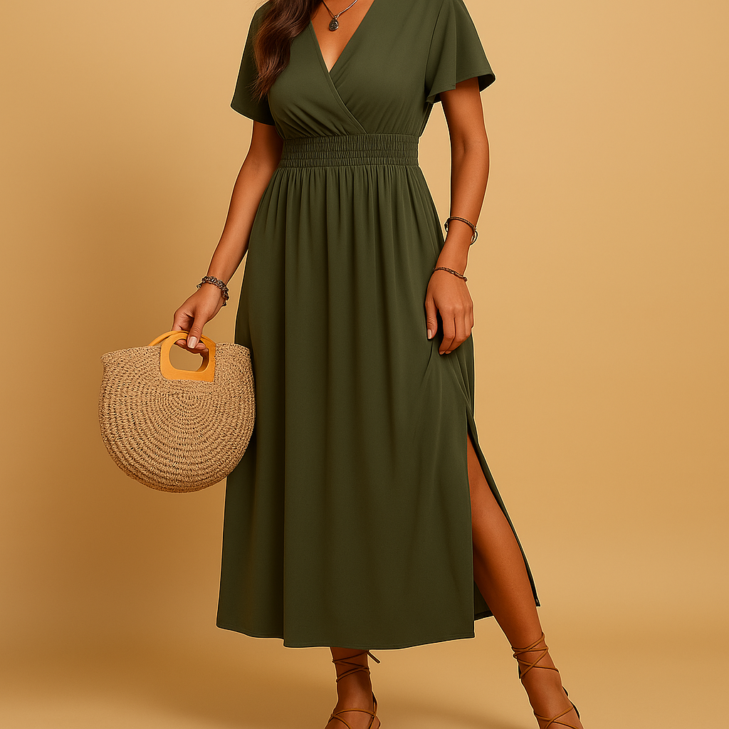 Women’s elegant midi dress with V-neck and slim silhouette in black, burgundy, or navy blue, perfect for formal and semi-formal occasions.