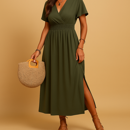 Women’s elegant midi dress with V-neck and slim silhouette in black, burgundy, or navy blue, perfect for formal and semi-formal occasions.