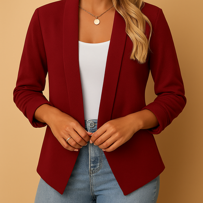 Woman wearing an elegant open-front blazer with a flattering silhouette, ideal for work, business meetings, or casual-chic outfits.