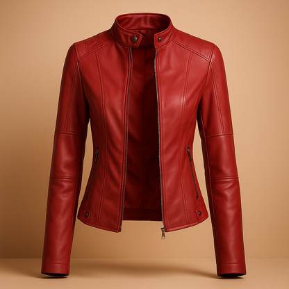 Woman wearing an elegant PU jacket for women with a regular fit, symmetrical zipper, and modern collar details, styled for autumn and spring looks.