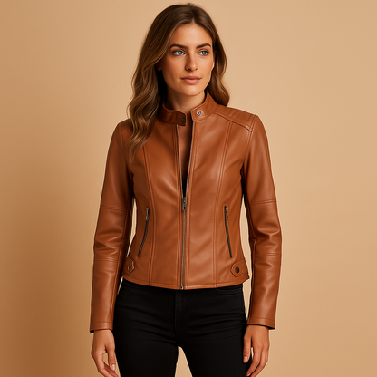 Woman wearing an elegant PU jacket for women with a regular fit, symmetrical zipper, and modern collar details, styled for autumn and spring looks.
